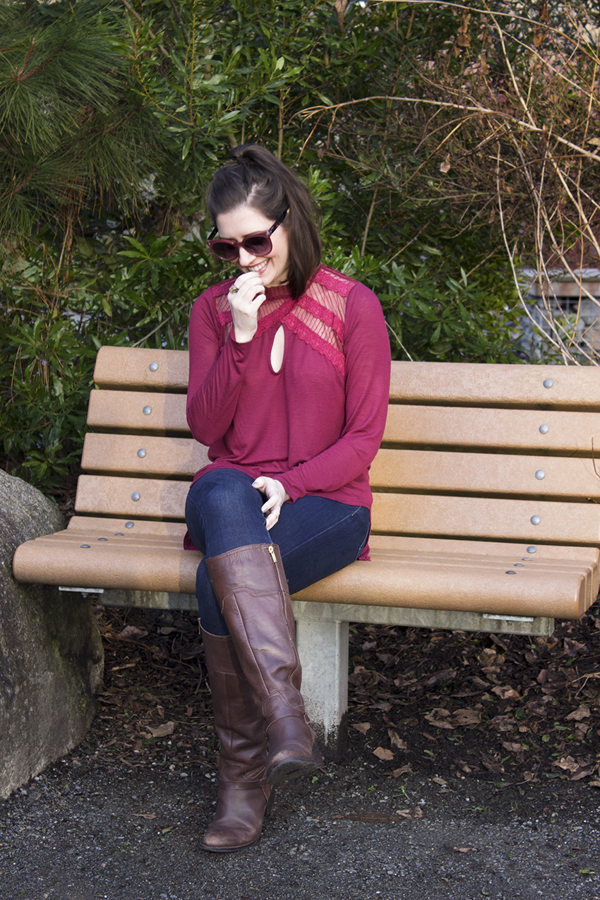 Red Winter Outfit Katrine Sunglasses in Deep Red, Free People New Romantics Ruby Jane Tee 2